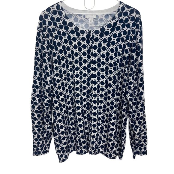 Charter Club Geometric Print Cardigan Womens 2X Blue White Lightweight Preppy - Picture 1 of 6